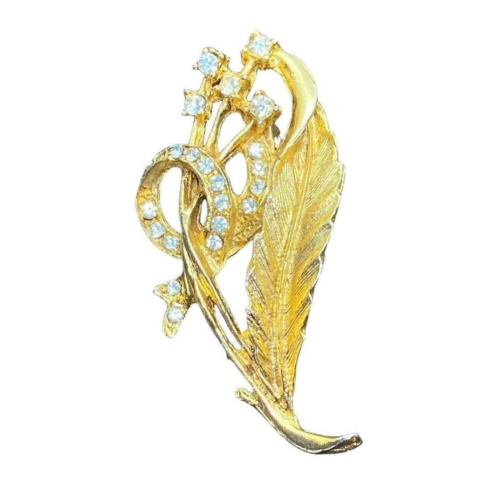 Vintage Textured Gold Tone & Rhinestone Floral Leaf Swirled Bouquet Brooch Pin